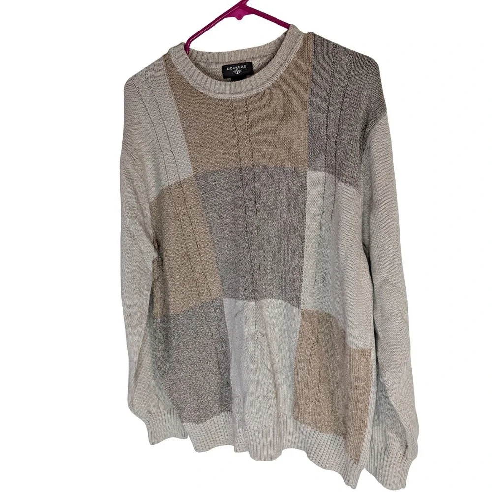 Dockers Sweater Mens XL Beige Colorblock Cable Knit Cotton Crew Neck Pullover